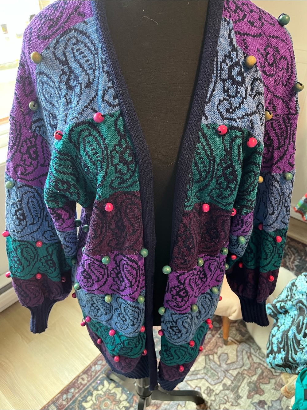 Women’s Vintage Multicolor Open-Front Floral Pearl-Accent Knit Cardigan 😍 M - Picture 2 of 6